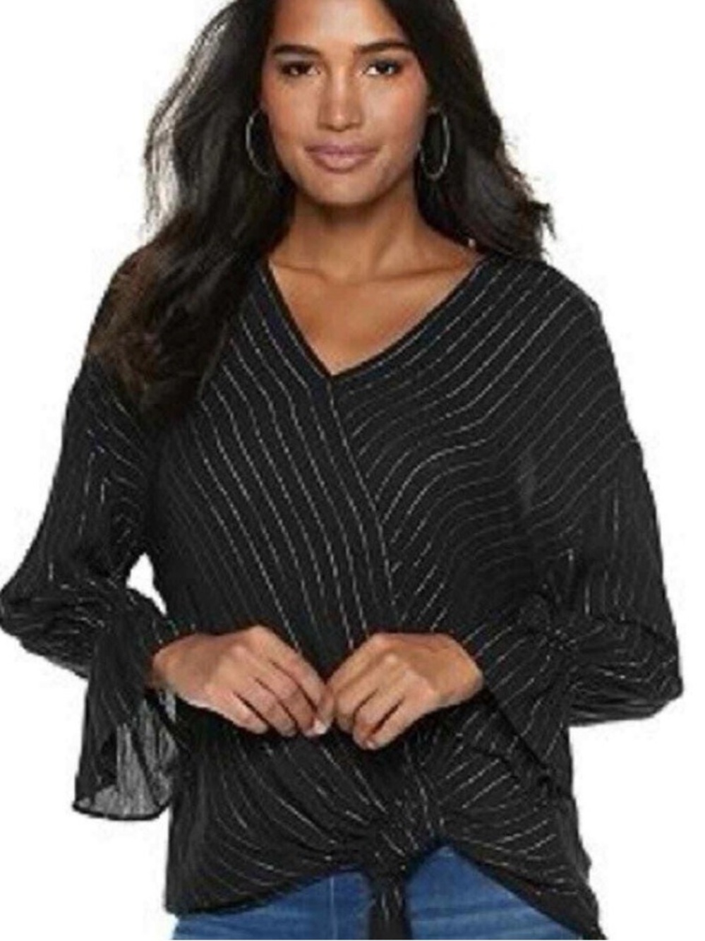 Juicy Couture Women's Black Metallic Stripe Faux Tie-Waist Top